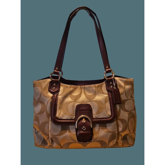 Coach Campbell Signature Belle Carryall Canvas Leather Trim Front Buckle Tote - Picture 1 of 14